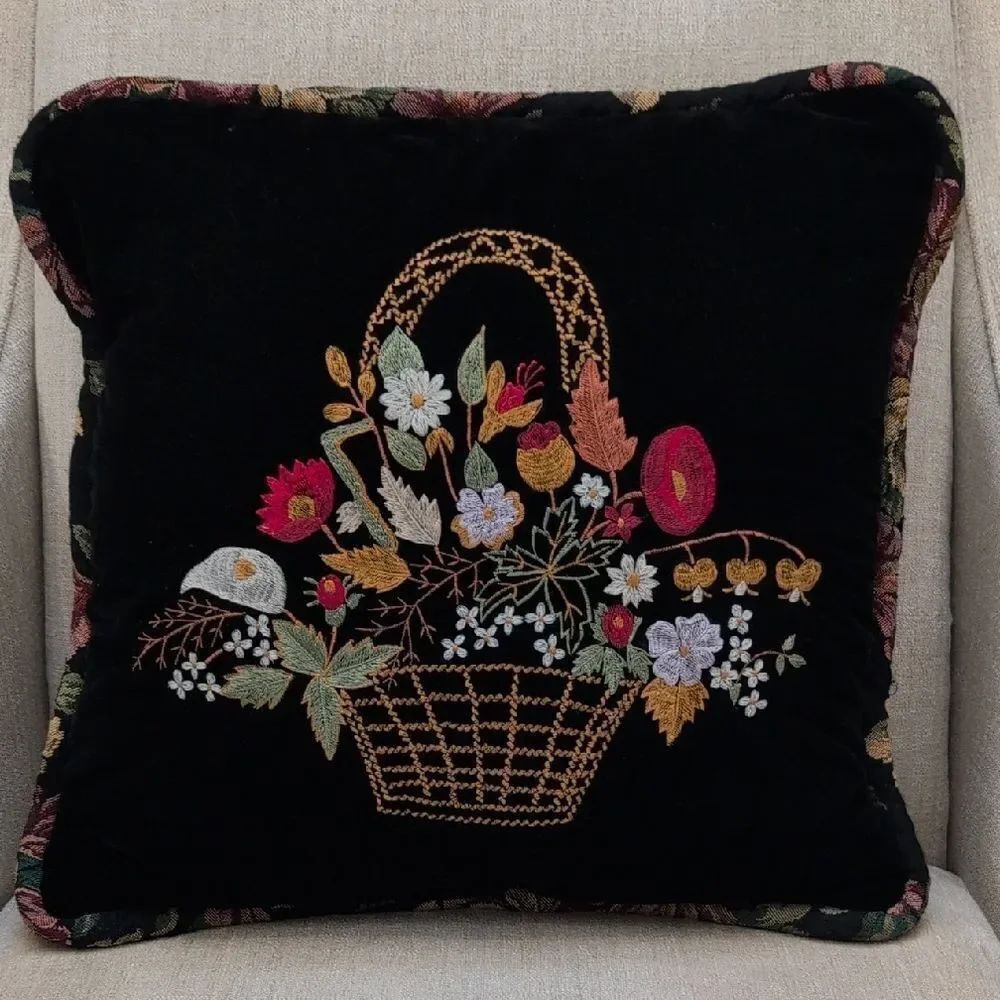 Vintage Black Velvet Floral Embroidered Throw Accent Pillow Floral Tapestry Back